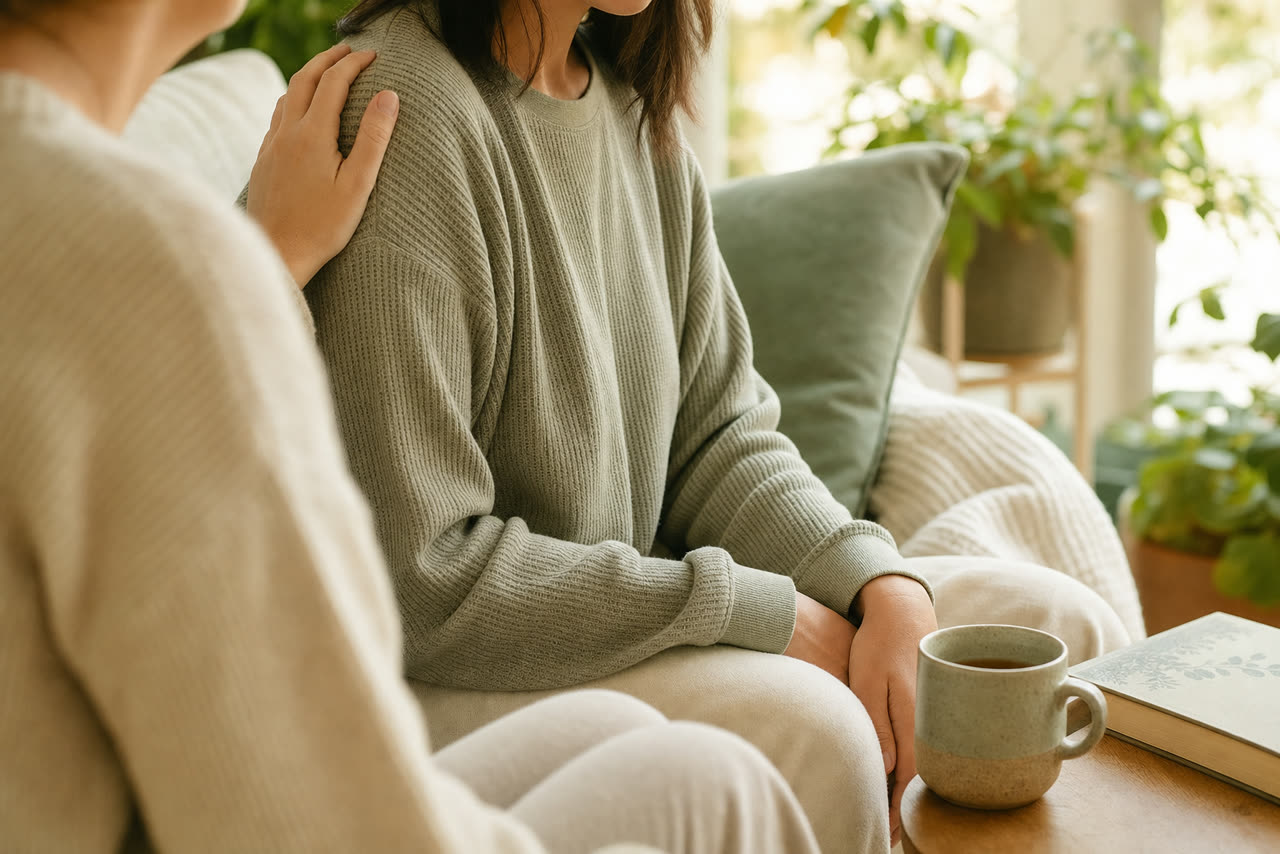 A supportive hand on a loved one's shoulder in a calm, sunlit room